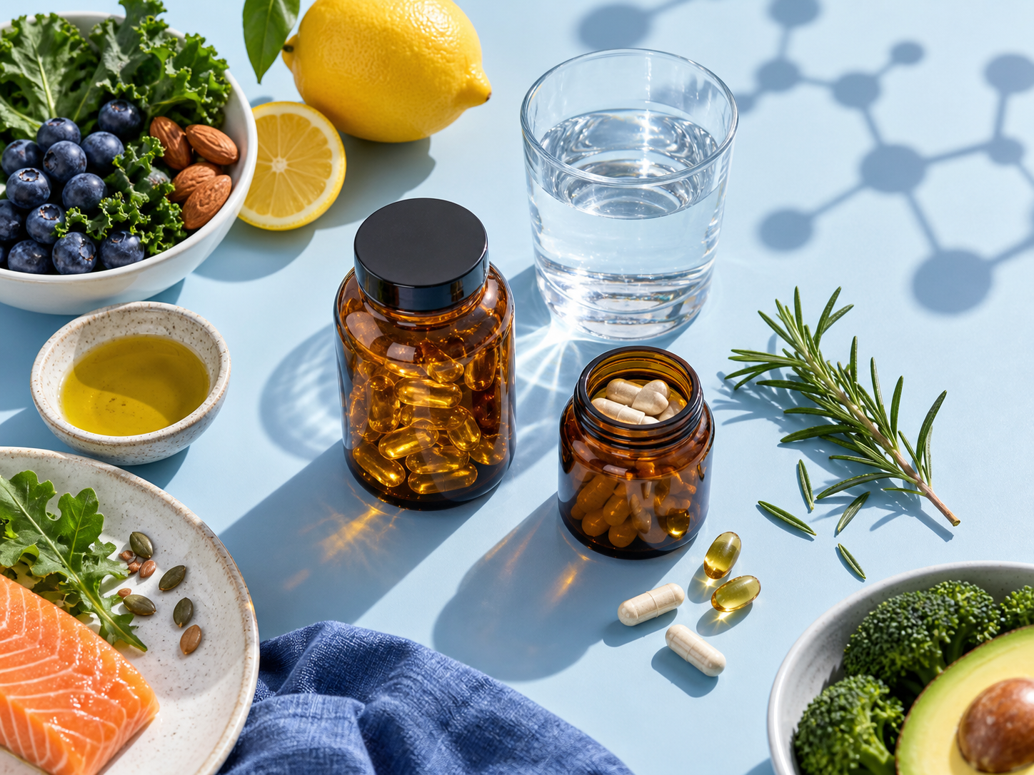 Lebensmittel, Wasser und neutrale Supplement-Dosen auf hellblauem Grund