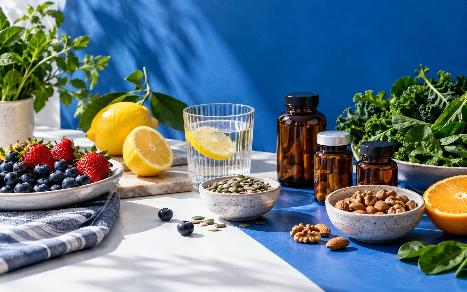 Lebensmittel und neutrale Supplementbehälter auf blau-weißer Fläche